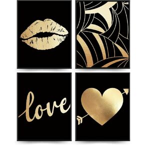 PLKMN Black And Gold Bedroom Decor Set of 4 - Gold Sexy Lips Wall Art, Vintage Fashion Love Abstract Wall Art Prints Decor for Farmhouse Bathroom Bedroom Porch, 8x10 (Unframed)