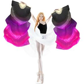 1 Pair(Left+Right) Women Hand Made Real Silk Belly Dance Fan Veils, Giadient Color Length 180cm Width 90cm