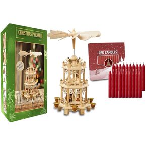 German Christmas Decoration Pyramid and 20pcs Red Candles Included-Wood Nativity Scene -Christmas and Tabletop Holiday Decor-3 Tiers Carousel-6 Candle Holders-German Design (18 Inches 2.0, Natural)