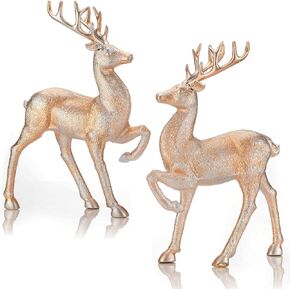 Redrubbit 2Pcs Christmas Standing Turn Head Reindeer Figurines, 12.6" X 9" Glitter Holiday Deer Decor with Red Bow Statue, Artificial Animal Crafts Home Decoration Ornament, Champagne Gold