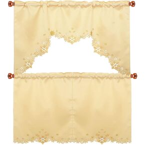 Simhomsen Embroidered Snowflakes Kitchen Window Curtain Swag and Tiers Set for Christmas and Winter (Red)