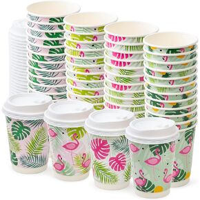 ROYAL BLUEBONNET 48 Pink Christmas Disposable Coffee Cups with Lids – 12oz Double Walled Insulated Disposable Paper Christmas Coffee Cups To Go, 4 Pink Christmas Hot Chocolate Bar Decorations
