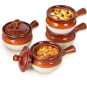 LIFVER 18 OZ French Onion Soup Bowls & Crocks Set of 4 - Ceramic Bowls with Handle and Lid for for Soup, Stew, Chilli - Oven & Dishwasher Safe