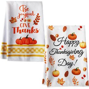 Thanksgiving Decorations Indoor, 2 PCS Thanksgiving Day Decor Fall Kitchen Towels Set for Dish Drying Holiday Pumpkins Bathroom Hand Towel