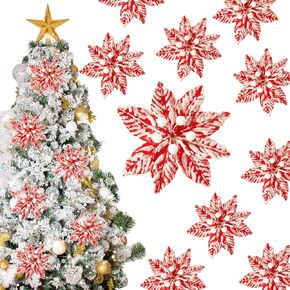 Red White Poinsettia Artificial Christmas Flowers Decoration Christmas Flowers Snow Spray Christmas Tree Picks Decorative Christmas Flower Stem for Xmas Wreath Decorations(24 Pieces,5.5 Inches)