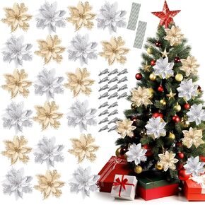 20Pcs Christmas Poinsettia Artificial Flowers 5.5Inch Gold Silver Glitter Flowers Christmas Tree Wreath Garland Floral Ornaments with 20Pcs Clips and Stems for Xmas Wedding Holiday Party Decor