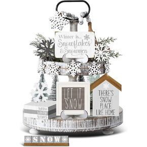 19 Pcs Rustic Winter Tiered Tray Decor Sets Winter Home Decor Wooden Winter Tray Decoration Winter Snowflakes Tiered Tray Decorative Winter Tray Sign for Tabletop Kitchen Holiday