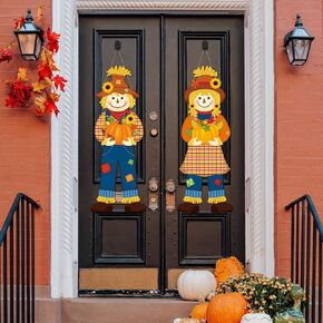 2PCS Thanksgiving Welcome Hanging Signs Wooden Scarecrow Girl Boy Sign Thanksgiving fall porch decor for Home Front outdoor (Scarecrow)