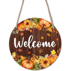Fall Wooden Sign for Front Door - Maple Leaf Pumpkin - 10" House Welcome Sign, Round Wood Hanging Sign for House Decor Home Decor, Gifts & Accessories - A05