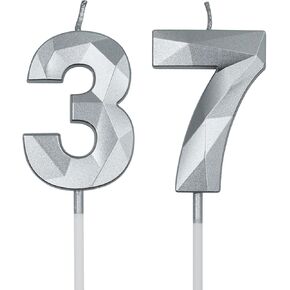37th & 73rd Birthday Candles for Cake, Silver Number 37 73 3D Diamond Shaped Candle Birthday Decorations Party Supplies for Women or Men