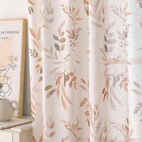 Linen Printed Curtains 84 inch Long Back Tab Farmhouse Living Room Light Filtering Curtains Rust Leaf Pattern Print on Cream Curtains Vintage Rustic Cottage Style Coral Floral Linen Drapes Semi Sheer