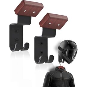 2 Pack Motorcycle Helmet Holder, Solid Wood & Strong Steel Design Helmet Wall Mount, Helmet Hanger for Motorcycle Bike Outerwear Sports Gear
