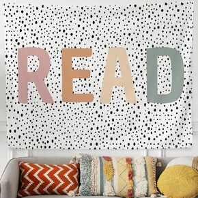 QROZIAR Trendy Read Classroom Tapestry Wall Hanging, Neutral Dots Tapestry Reading Corner Decor, Library Read Sign Wall Blanket Decor for Reading Nook Nursery School Classroom, 50x60 Inches