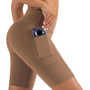 NEW YOUNG Biker Shorts with Pockets for Women High Waisted Tummy Control-5/8 Womens Bike Shorts for Workout Yoga Athletic Mocha