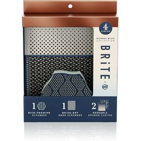 Brite by Scotch-Brite Scrub and Wipe Collection with 1 Rich-Foaming Dish Scrubber, 1 Quick-Dry Mesh Scrubber, and 2 Reusable Sponge Cloths