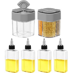 Gerrii 4 Pcs Small Oil Dispenser Bottle for Camping and 2 Pcs 4 in 1 Spice Container Cap 3.4oz Leakproof Squeeze Condiment Bottle with Cap Salt Pepper Shaker Set for Camping BBQ Restaurant(Gray)