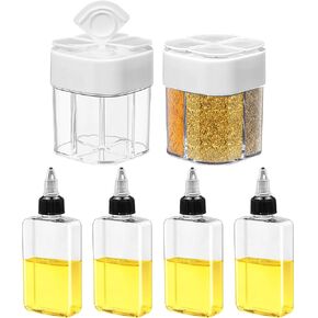 Gerrii 4 Pcs Small Oil Dispenser Bottle for Camping and 2 Pcs 4 in 1 Spice Container Cap 3.4oz Leakproof Squeeze Condiment Bottle with Cap Salt Pepper Shaker Set for Camping BBQ Restaurant(Gray)