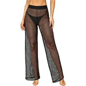 Pinup Fashion Women's Cover Up Pants Crochet Hollow Out Mesh Pants High Waist Swimsuit Beach Bikini Coverup Pants