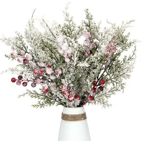 3 Pcs Snowy Artificial Cedar Picks Stems, 16'' Christmas Frosted Faux Cedar Berry Spray Christmas Cedar Greenery Branches for Holiday Winter Arrangement Centerpiece Winter Wedding Decor (Red Berry, 3)