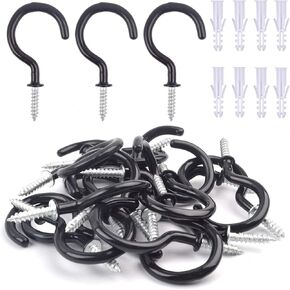 Aylifu Screw-in Ceiling Hooks,20 Pieces Vinyl Coated Cup Hook Holder, 2-3/4" (7cm) Screw in Mug Hooks with 20 Pieces Plastic Wall Plugs for Coffee Tea Cups, Mugs,Plants - Black
