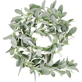 Faux Lambs Ear Garland - Silk Lambs Ear Greenery with Flocked Greenery, Decorative Farmhouse Vines for Mantle or Tabletop, Artificial Lambs Ear Stems & Picks, Rustic Lambs Ear Wreath & Garland Decor
