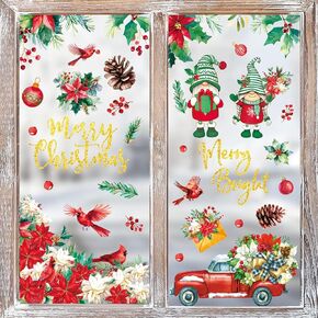 9 Sheets Merry Christmas Window Cling Stickers Watercolor Poinsettia Flower Cardinal Gnome Window Decals Xmas Reusable Window Decoration for Party Home Office Classroom