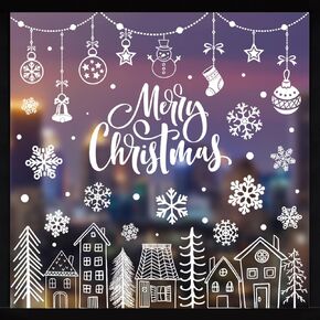 Whaline 9 Sheets Merry Christmas Window Cling Sticker Winter Snowflake Xmas House String Lights Reusable Window Decals for Home Office Classroom Party Decor
