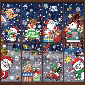 Christmas Window Cling Sticker Buffalo Plaid Window Decals Removable Xmas Red Green Double-Sided Elk Snowflake Buffalo Plaid Christmas Decorations for Glass Living Room Xmas Party Supplies 9PCS