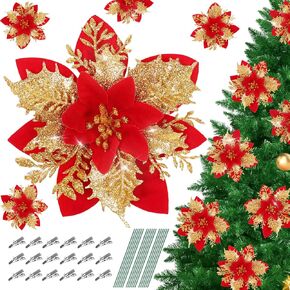 Christmas Tree Decor-18 Pcs 5.5" Poinsettias Artificial Christmas Flowers Picks with Clips Stems Xmas Ornaments for Christmas Wreaths Garland Home Party Decorations Silver