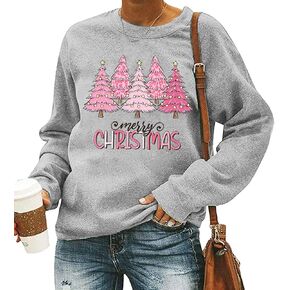 MYCHTE Pink Christmas Tree Sweatshirt Women Merry Christmas Tshirt Casual Long Sleeve Winter Holiday Pullover Sweater