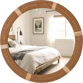 ULIKE Round Rattan Mirror for Wall, 24" Boho Mirror, Decorative Wall Mounted Nursery Mirror, Rustic Farmhouse Wicker Mirror for Bathroom, Bedroom, Living Room, Entryway
