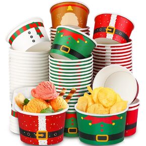 100 Pack 16 Oz Christmas Snack Cups Xmas Themed Disposable Ice Cream Cups Paper Snack Bowls Dessert Cups Santa Snack Candy Cups Christmas Paper Bowls for Christmas Party Supplies Treat Cups