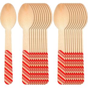 Hoolerry 100 pcs Disposable Christmas Wooden Spoons 5.5'' red Striped Pattern Spoons Hot Cocoa Chocolate Candy Cane Spoons Winter Tasting Bar Spoons for Cake Coffee Ice Cream