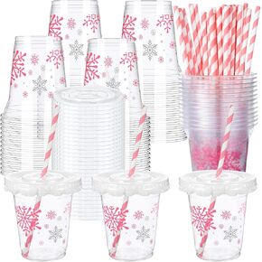14 oz Thanksgiving Drinking Cups with Drinking Straws and Lids, Fall Party Disposable Cups Bulk, Maple Leaf Cups for Drinks Autumn Party Decorations Thanksgiving Party Supplies(60 Sets)