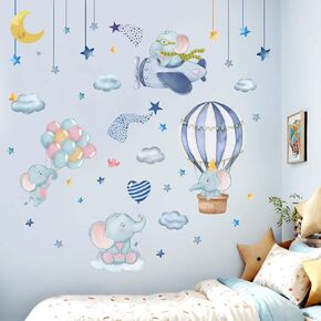 Hot Air Balloon Elephant Wall Stickers - Airplane Animals Wall Decals - Girls Bedroom Baby Nursery Kids Room Wall Decor