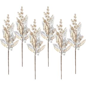 Sea Team 6-Pack Artificial Glitter Berry Twigs, Bacca Stem Ornaments, Decorative Sticks, Picks, Branches for Christmas Tree, Wreath, Vase Fillers for Centerpieces, Home Décor, Champagne & Silver