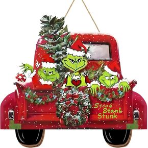 Christmas Door Hanging Sign Decorations, Wooden Christmas Wall Hanging Decor, Truck Wreath Pattern Front Door Signs for Porch Wall Indoor Outdoor Holiday Decor (Green)