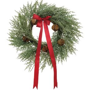 Creative Co-Op Round Faux Wreath with Red Ribbon and Rust Finish Metal Bells