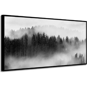 Foggy Forest Framed Wall Art: Landscape Canvas Print Black & White Picture Artwork for Wall (48''W x 24''H)