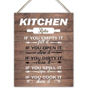 Kitchen Decor Sign Wall Hanging Plaque, Kitchen Rules - Dining Room Sign for Home Office Restaurant Door Shelf Decor Wall Art, Religious Housewarming Gift New Home for Farmhouse Wife Mom -a04