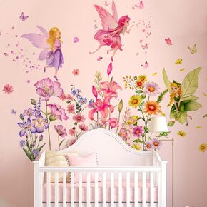 Flower Fairy Wall Decals for Girls Bedroom Wildflower Floral Wall Stickers Peel and Stick Nursery Classroom Wall Decor (Colorful)