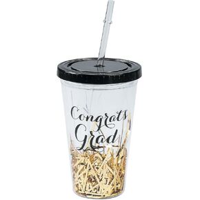 Fun Express Black & Gold Graduation Tumbler with Straw & Lid - Drinkware - 1 Piece