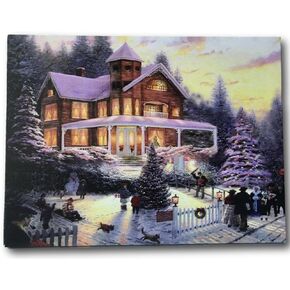 BANBERRY DESIGNS Christmas Lighted Canvas Print - Winter Scene Wall Art with a Victorian House in a Snowy Setting - LED Lights in the Christmas Trees Light Up - 16" X 12"