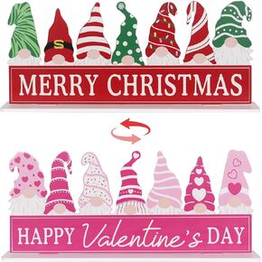 Christmas Decorations Indoor, DECSPAS Double Sided Wooden Gnome Sign for Christmas Table Decorations, Reversible Merry Christmas and Valentines Day Centerpieces for Home Decor, Mantel, Shelf, Office
