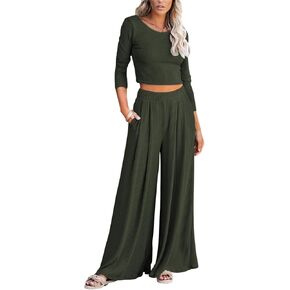 Betusline Women's casual 2 Piece Outfits Long Sleeve Crewneck Solid Color Ribbed Knit Tops Wide Leg Pants Casual Set