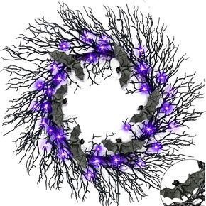 TURNMEON 22 Inch Prelit Black Halloween Wreath with Bats Timer 30 LED Purple Lights Halloween Front Door Decoration Spooky Glitter Wreath Battery Powered Halloween Decor Home Indoor Outdoor Party Wall