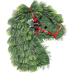 belupai Horse Head Christmas Wreath for Front Door, 15.7in Artificial Pine Branches Wreath with Red Ribbon Decor Rustic Artificial Green Christmas Wreaths Farmhouse Wall Window Porch Decor (Green)