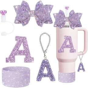 5Pcs Stanley Cup Accessories Set,Letter Charm for Stanley Cups,Including Diamond Straw,Bow Straw,Sparkly Silicone Boot for Stanley Cup 30oz or 40oz