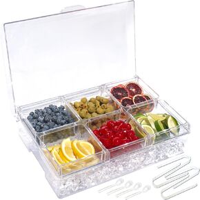 ImpiriLux Ice Chilled Six Compartment Condiment Server Caddy - Serving Tray Container with 6 Removable Dishes Each with 3.5 Cup Capacity | Domed Hinged Lid | 4 Serving Spoons + 4 Tongs Included