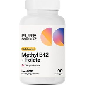 PureFormulas Methyl B12 + Folate Supplement, 1,000 mcg of Methylated B12 Supplement, 665 mcg of Folate, Cherry Vanilla Flavor, Methylated Vitamin B 12 Methyl Folate - Non-GMO, 90 Lozenges